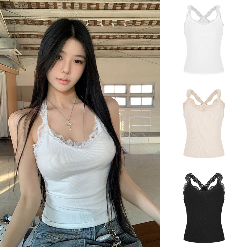 Moses Queen/魔西女王蕾丝拼接纯欲吊带背心修身显瘦性感短款上衣