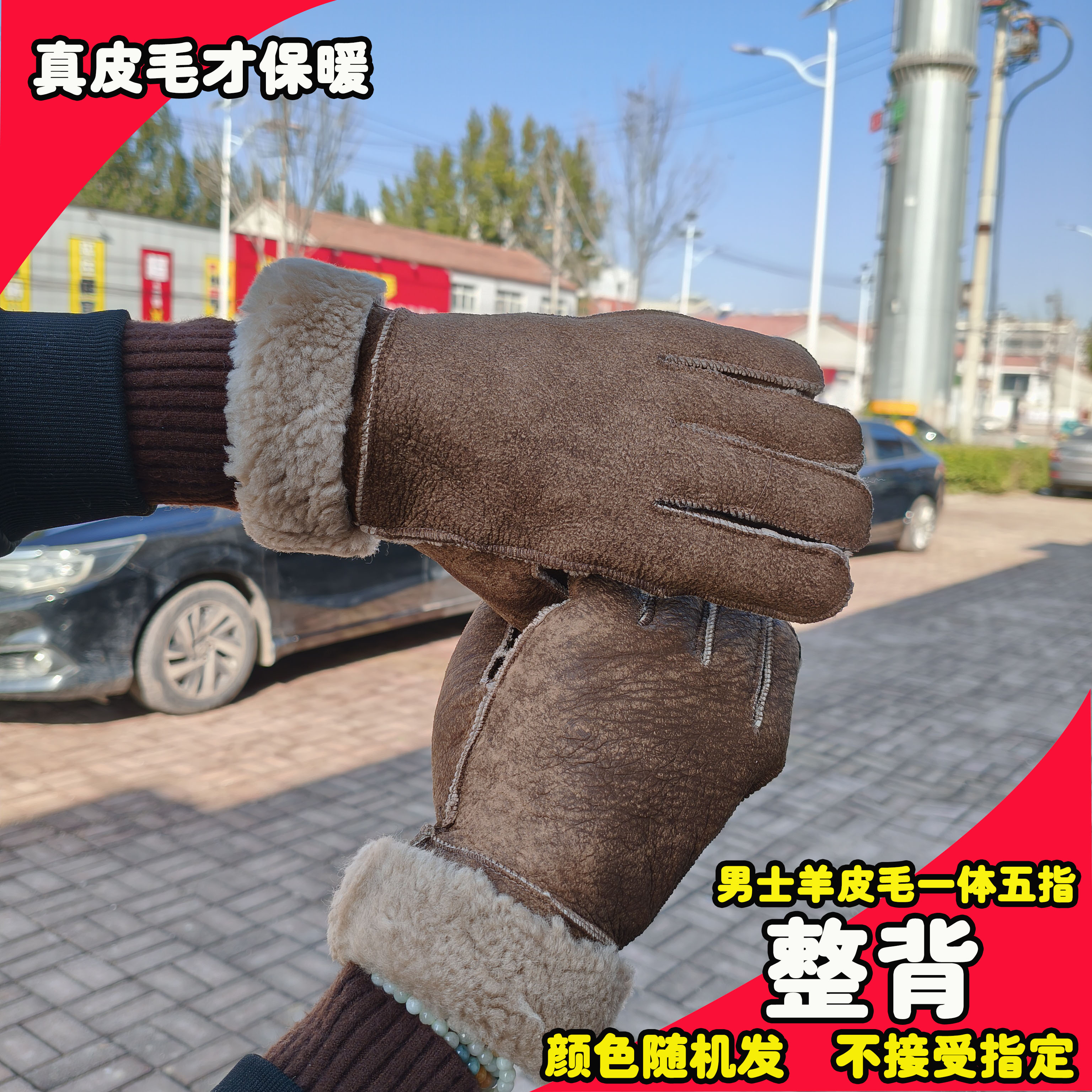 秋冬季加厚保暖羊皮毛一体手套男士骑行户外抗寒挡风羊皮真皮手套