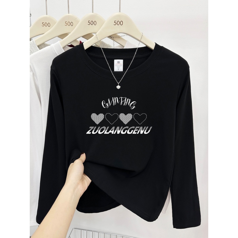 秋季新款韩版简约印花正肩长袖t恤女装胖mm显瘦百搭圆领打底上衣