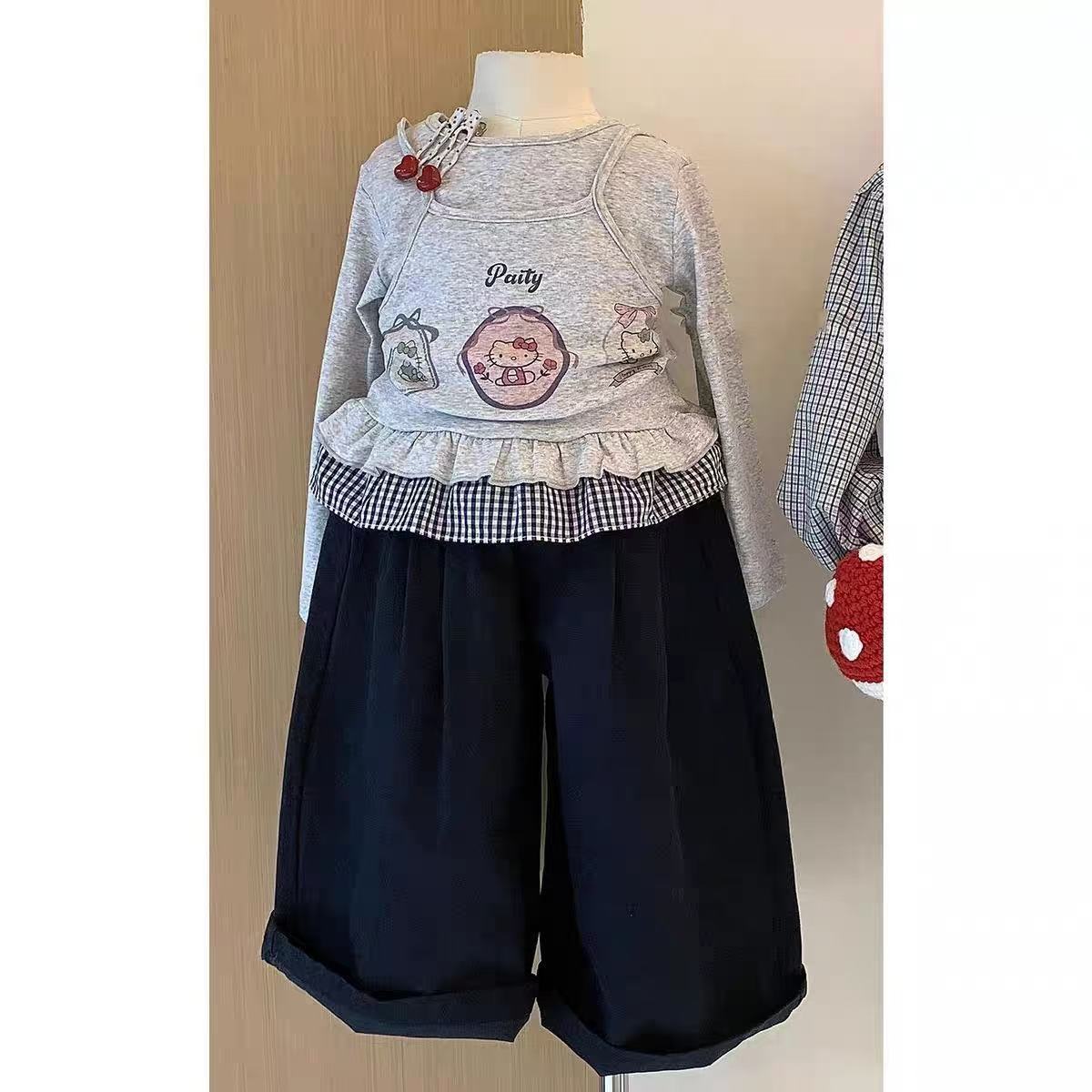 童装女童巨好看秋装长袖套装洋气女孩时髦kitty猫印花假两件上衣