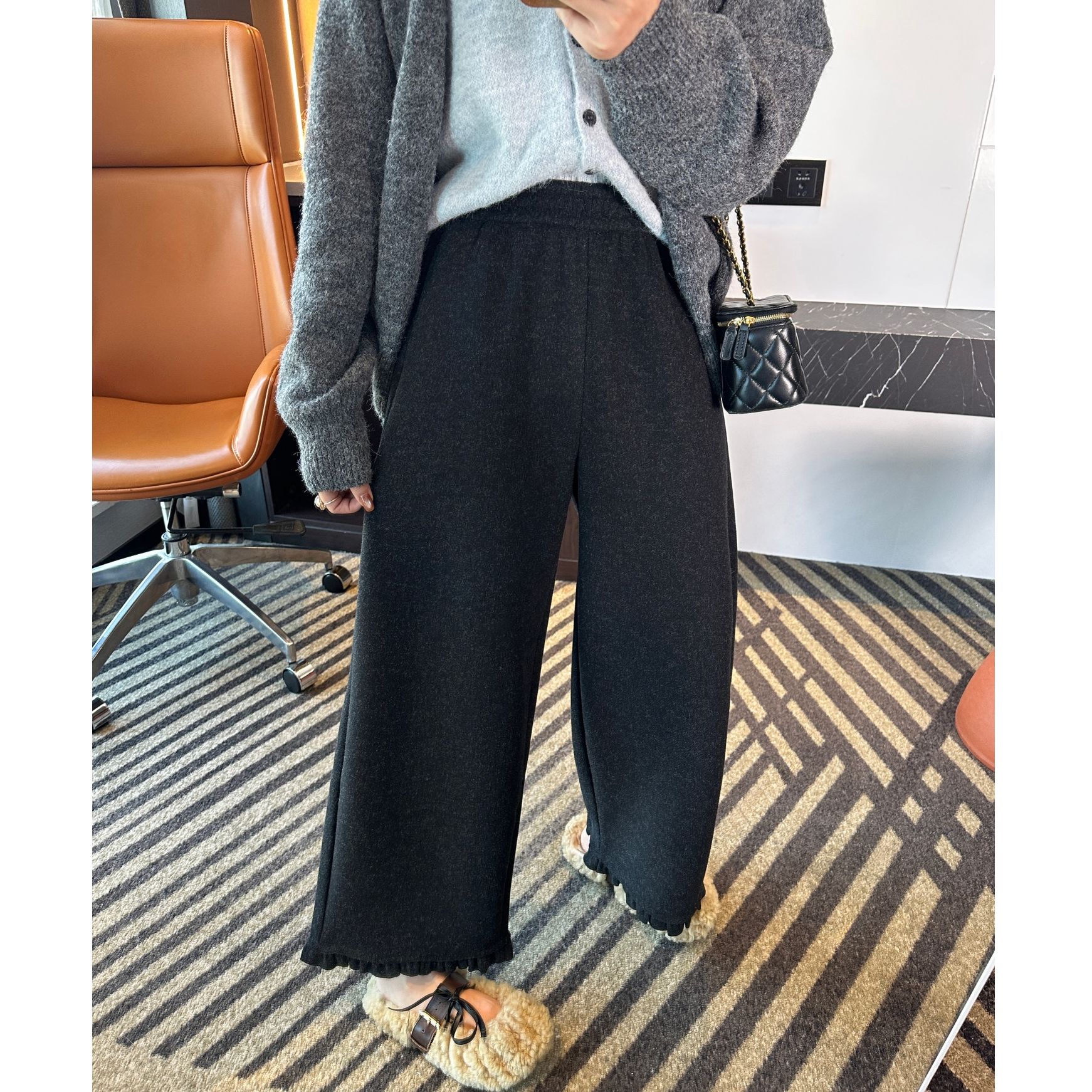 黑灰色木耳边加绒阔腿毛呢裤女冬季新款小个子高腰显瘦九分奶奶裤