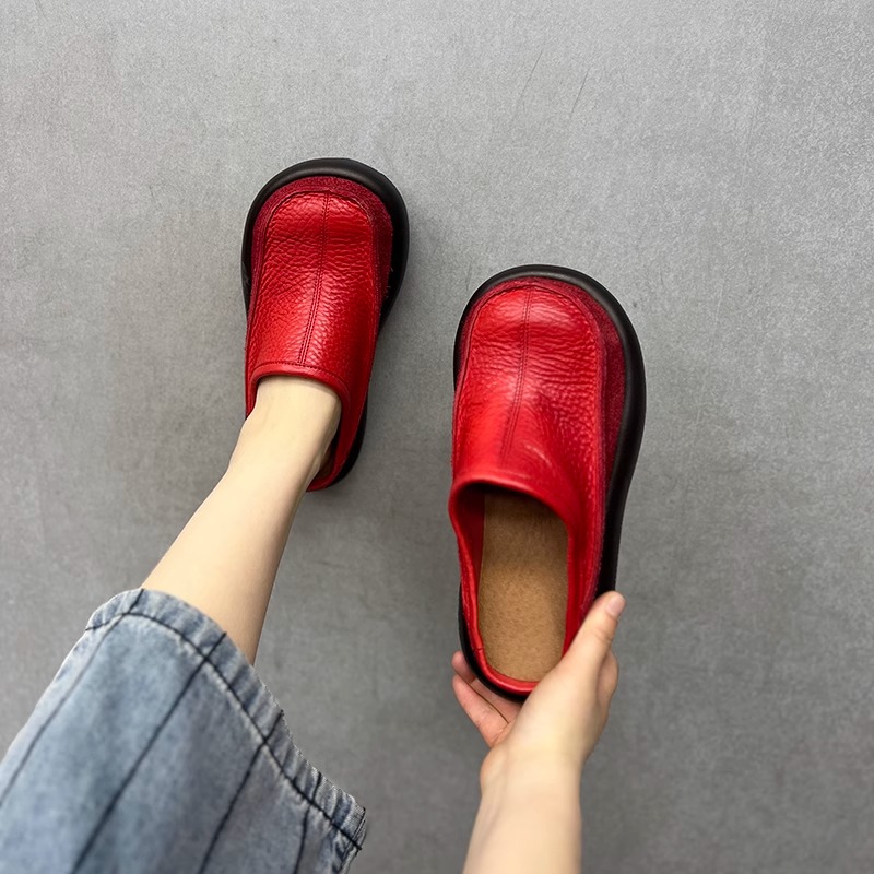 软皮厚底复古圆头凉拖鞋女2025年夏季新款外穿松糕浅口包头半拖鞋