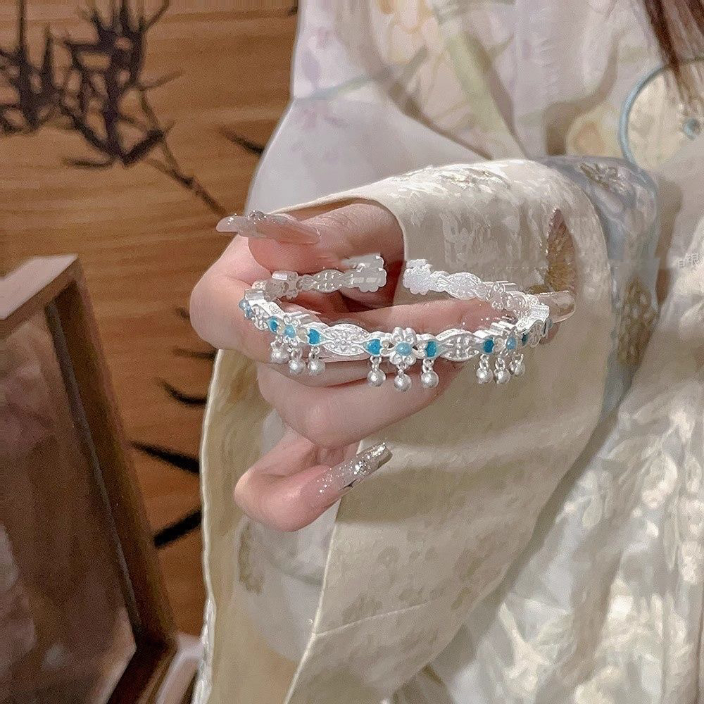 足银手镯 足银999珐琅彩银手镯花朵铃铛开口纯银镯子年轻款送闺蜜