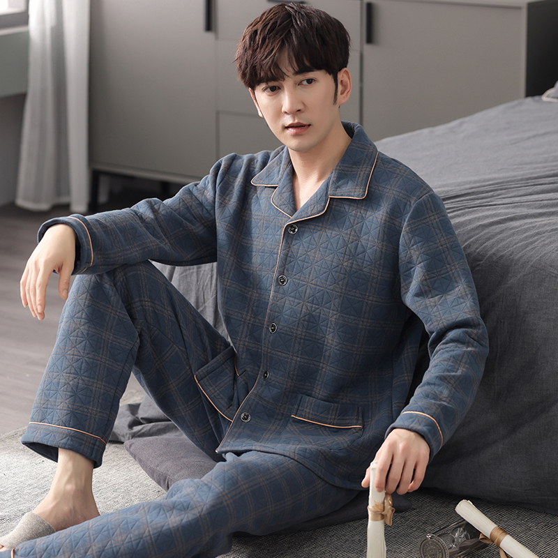 浪莎睡衣男士加厚冬季长袖宽松大码空气棉夹层青年秋冬家居服套装