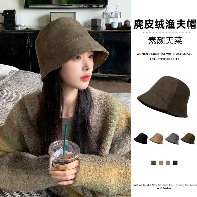 麂皮绒渔夫帽女2025新款秋冬大头围显脸小水桶帽复古百搭气质盆帽