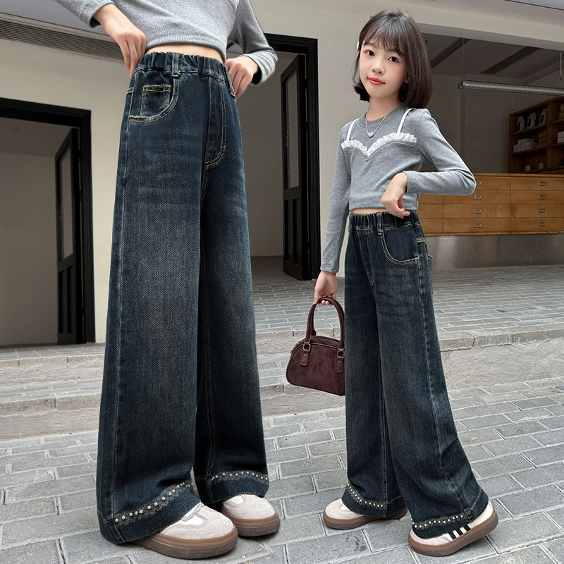 女童牛仔裤春秋女孩休闲宽松秋天直筒阔腿裤秋款长裤大童儿童裤子