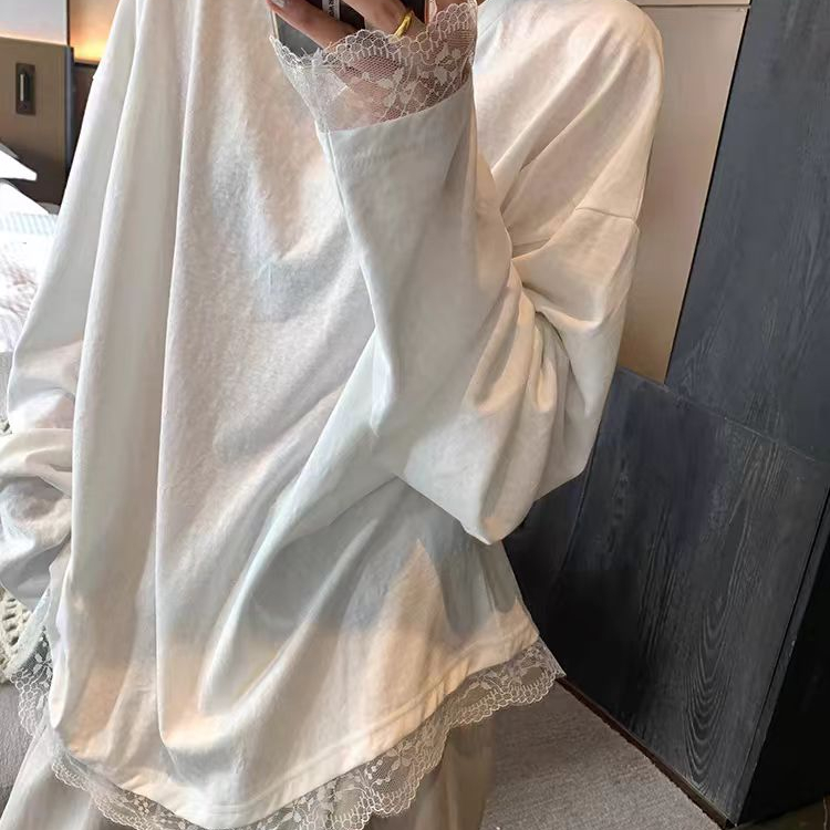 设计感小众蕾丝拼接长袖T恤女2024春秋季纯色打底衫宽松慵睡衣女