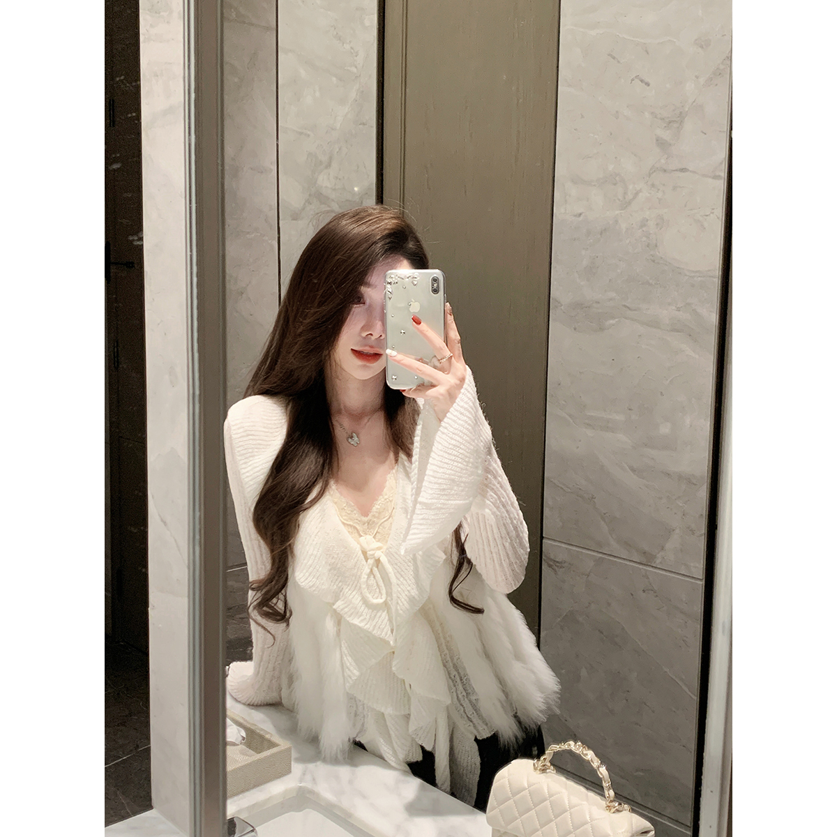 JustQin【利兹娇女】2025新款系带拼接毛针织毛衣女外套