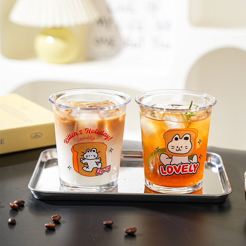 舍里卡通翻口玻璃杯冷萃咖啡杯ins风透明牛奶水杯家用水杯早餐杯