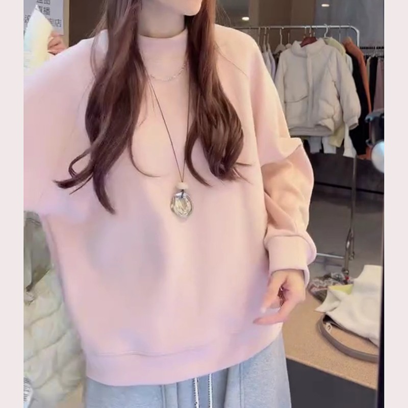 时尚chic纯色圆领加厚卫衣女冬季2025新款巨好看休闲宽松套头上衣
