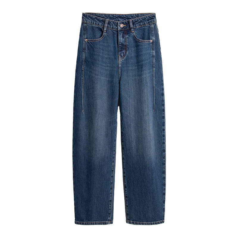 RAIN.CUN【英蓝】秋高腰宽松弯刀牛仔裤女哈伦长裤显瘦百搭垮裤1863
