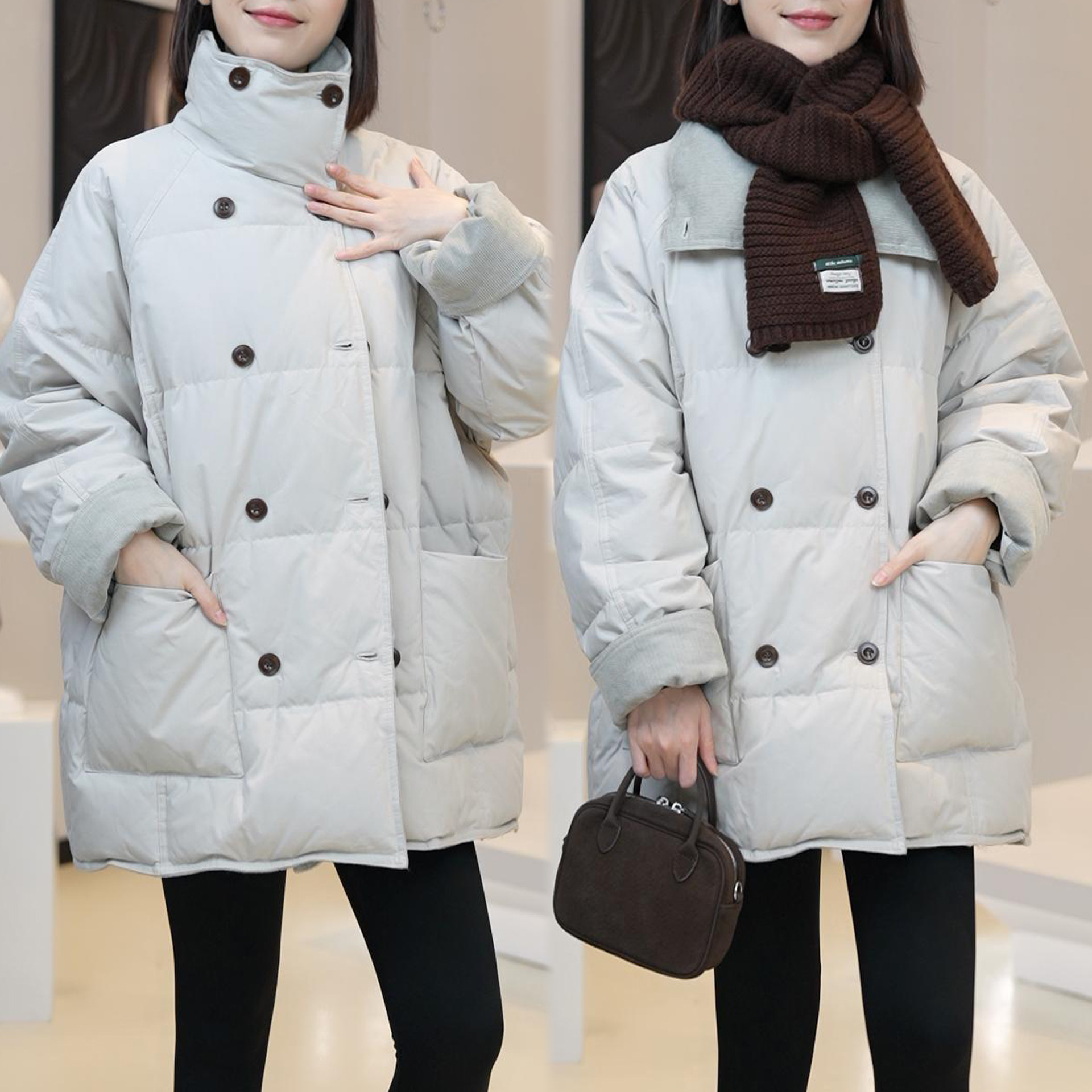 时尚百搭加厚保暖棉衣外套2025冬季新款宽松显瘦双排扣立领棉服女