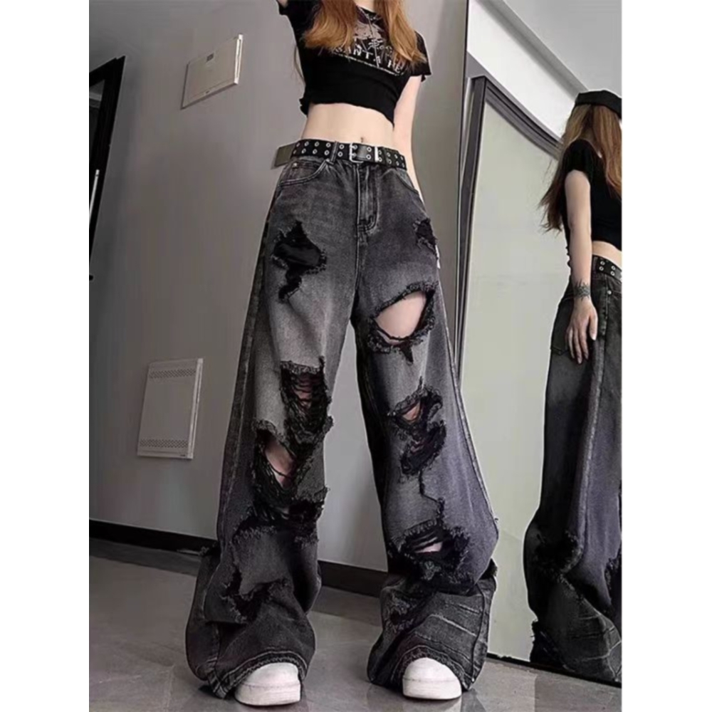 【免费试穿】美式复古黑灰色破洞磨破牛仔裤女秋冬阔腿裤水洗拖地裤