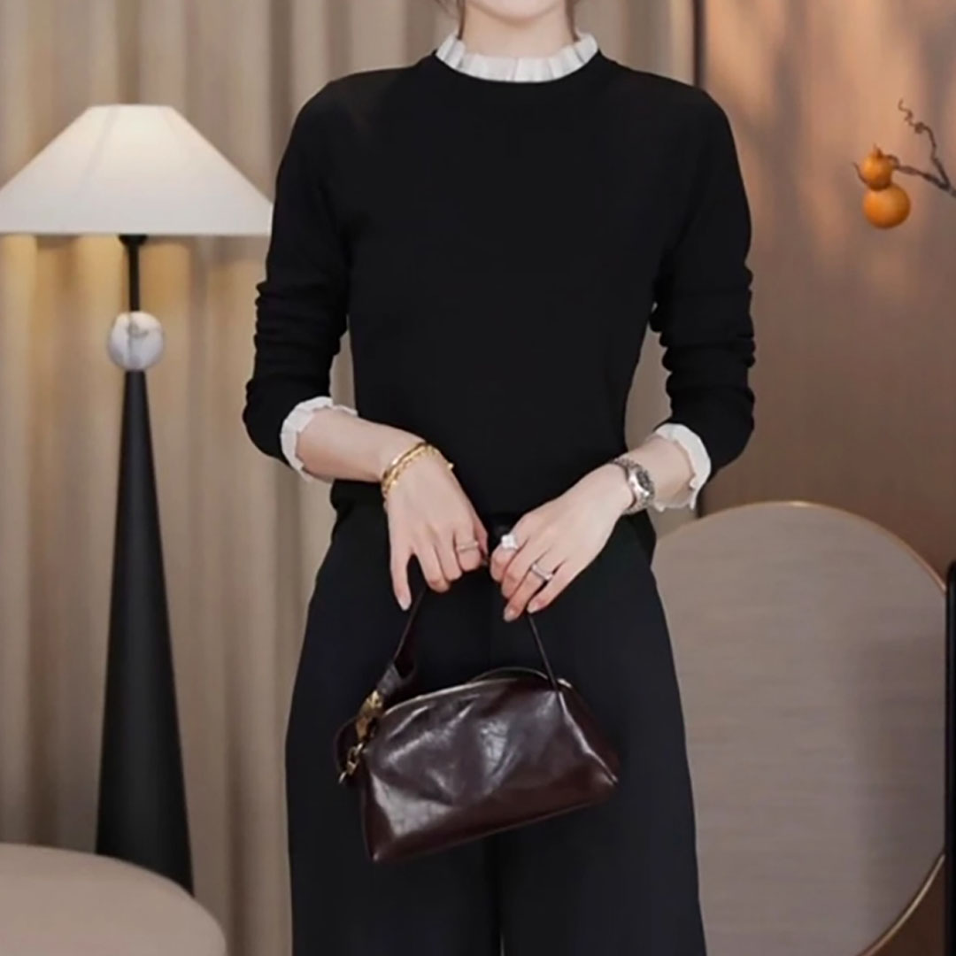 修身显瘦高级感上衣女秋季新款胖MM大码女装立领花边拼接长袖T恤