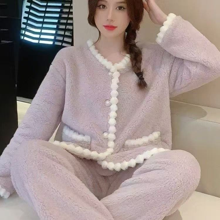 冬季小香风冬天睡衣毛绒秋冬季长袖保暖冬款套装女加绒加厚家居服