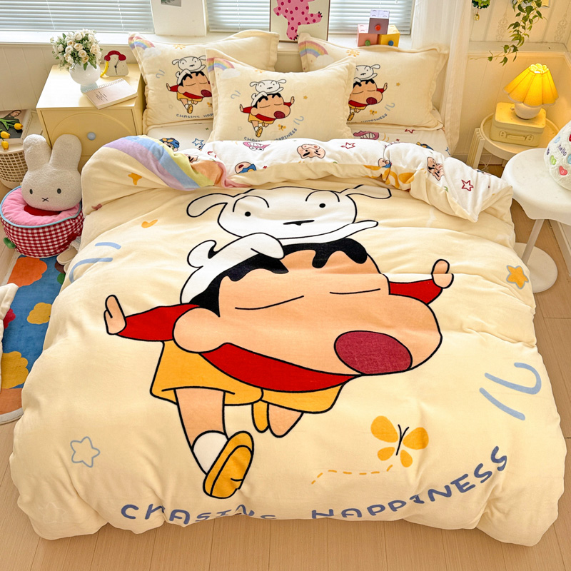 水星高端适用家纺蜡笔小新冬季儿童牛奶绒四件套加厚珊瑚绒卡通床