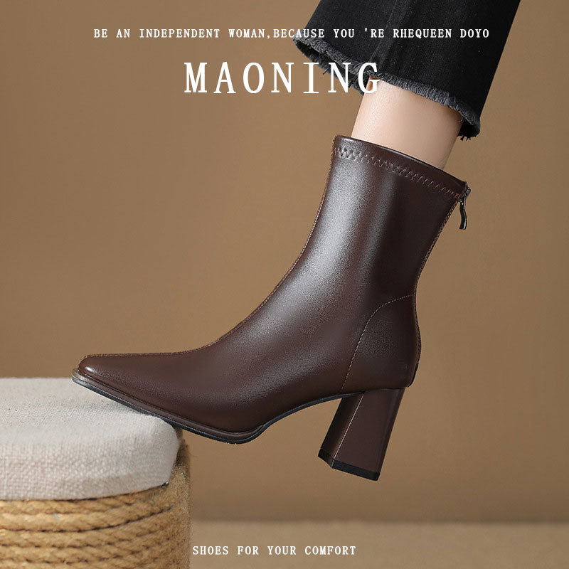 粗跟方头瘦瘦靴女中筒时尚简约气质后拉链秋冬新款法式软皮马丁靴