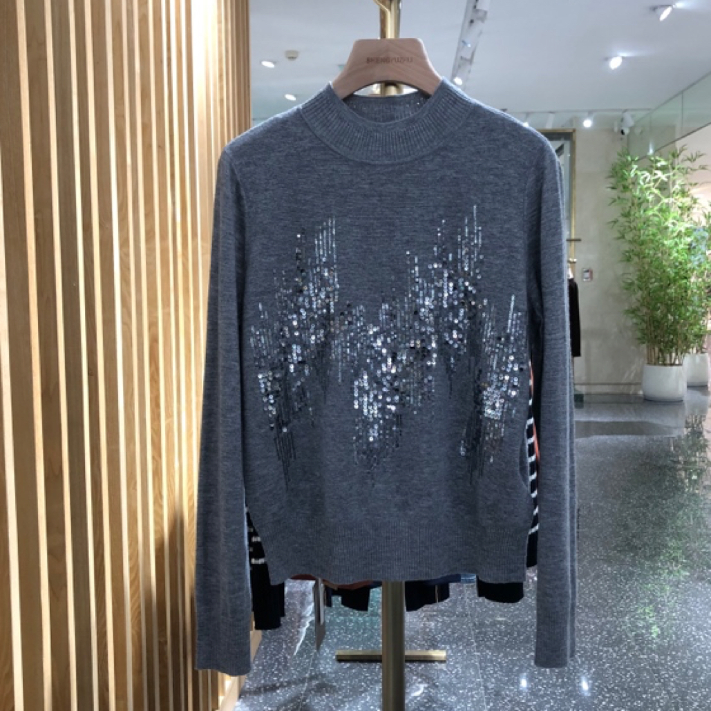 声雨竹1R751印花灰色长袖毛针织衫亮片显瘦秋冬打底衫大码女装