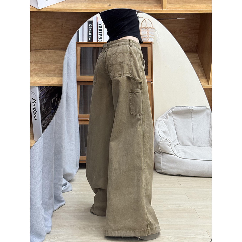 美式复古卡其色工装牛仔裤女夏季设计感宽松直筒阔腿拖地梧桐裤子
