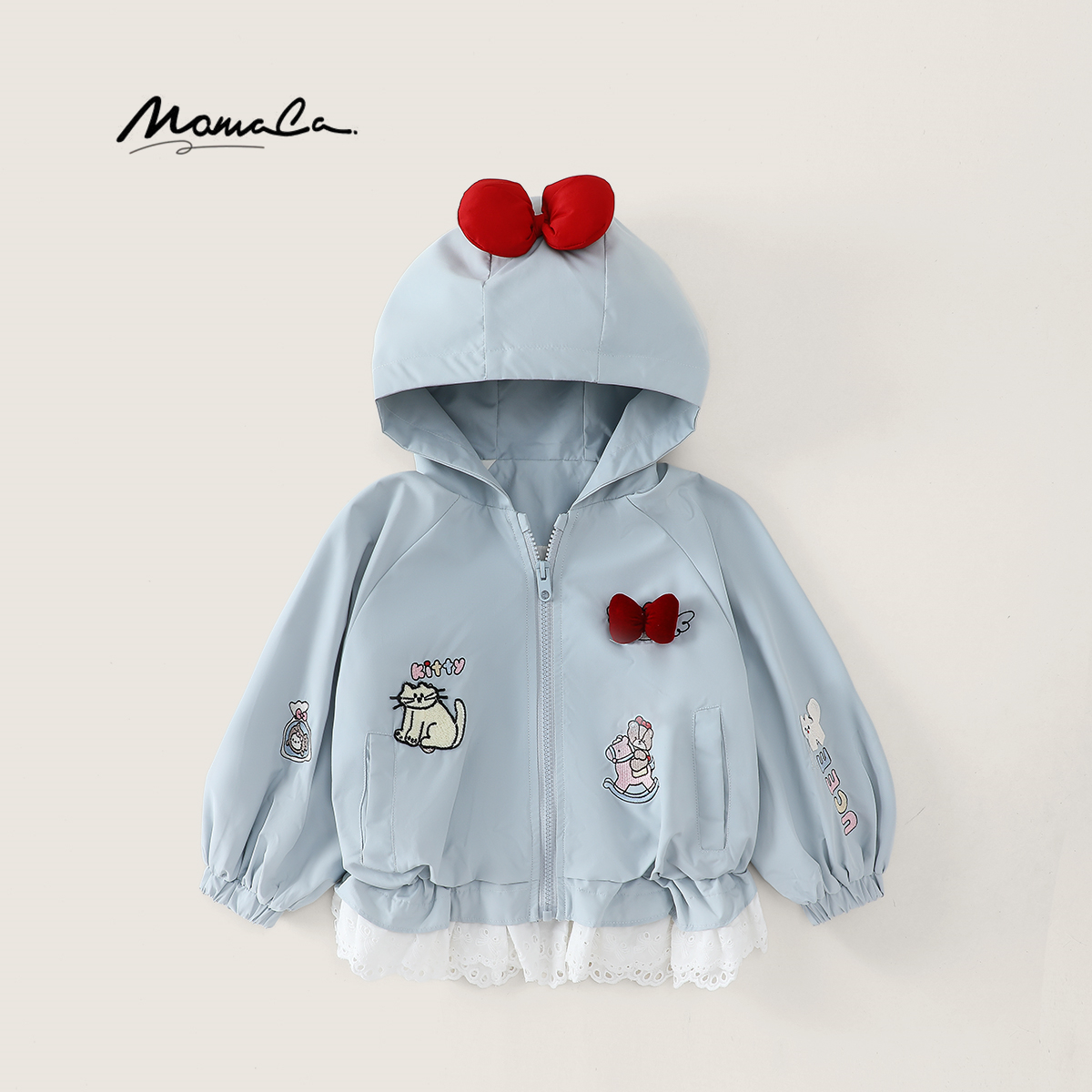MOMOCO2025新款秋季女童可爱猫咪卡通蕾丝边连帽外套77730138028