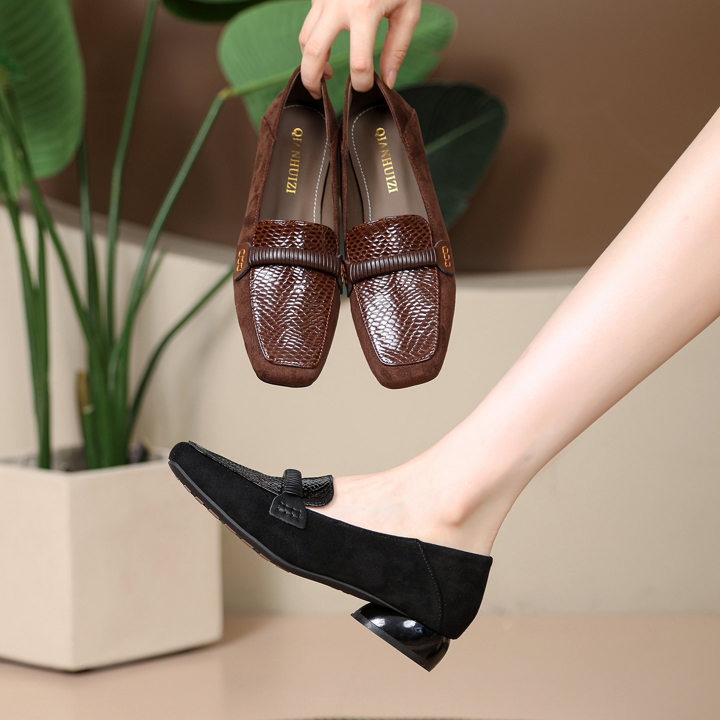 方头单鞋金属秋季休闲风耐磨豆豆鞋复古粗跟防水25-2