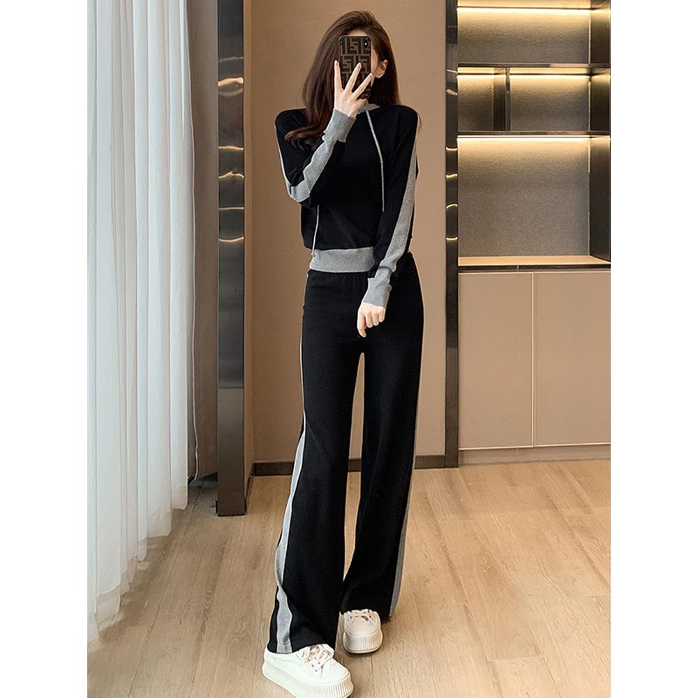 休闲运动套装女春秋季时尚减龄时髦针织连帽上衣直筒阔腿裤两件套