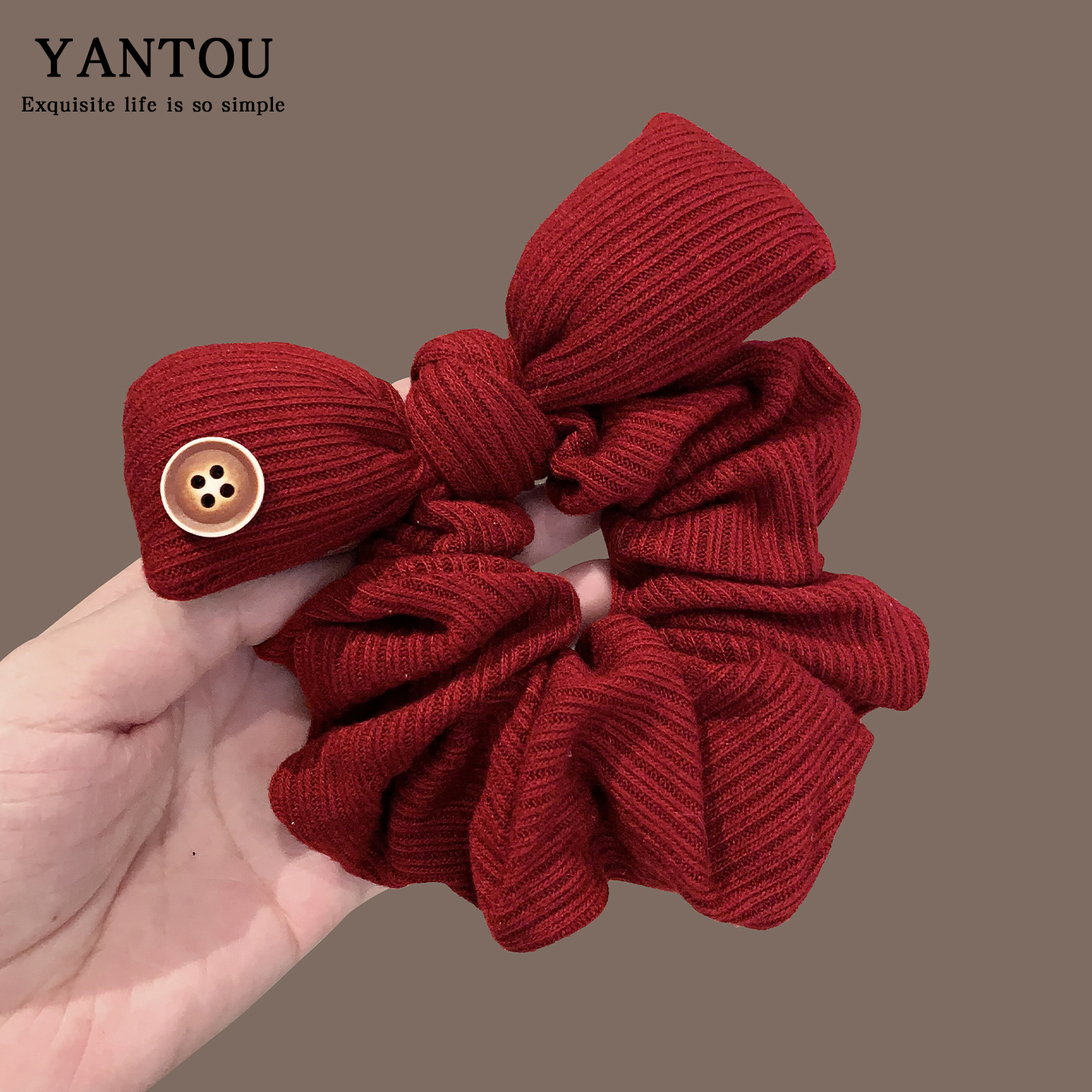 韩国2025新年红色毛线针织大肠发圈女高级氛围感发绳丸子马尾皮筋