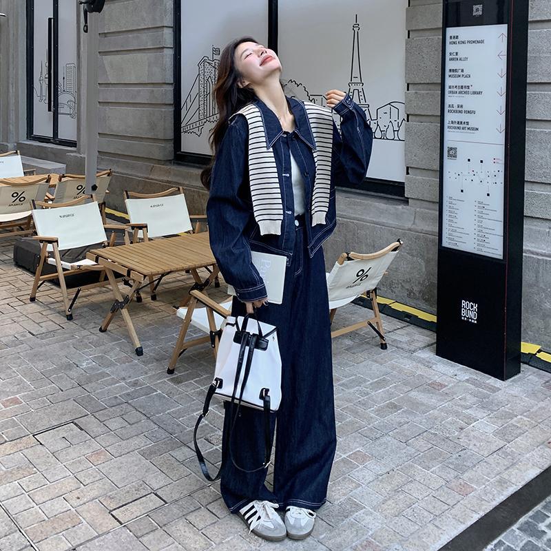 条纹披肩牛仔衬衫套装女2025春秋新款韩系学院风休闲阔腿裤两件套