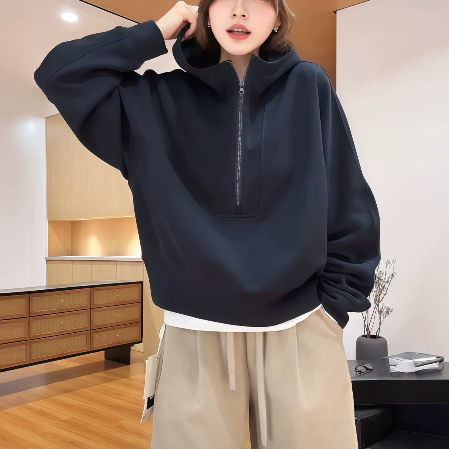 连帽拉链女秋季美式短款卫衣套头款长款落肩袖