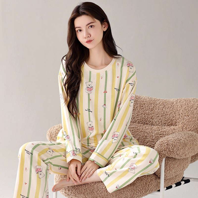 秋季女士圆领条纹小熊长袖长裤睡衣女可爱卡通家居服套装薄款休闲