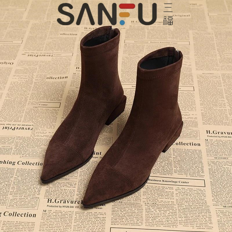 三福弹力绒面瘦瘦靴拉链袜靴2025新款秋冬时尚百搭加绒中跟马丁靴