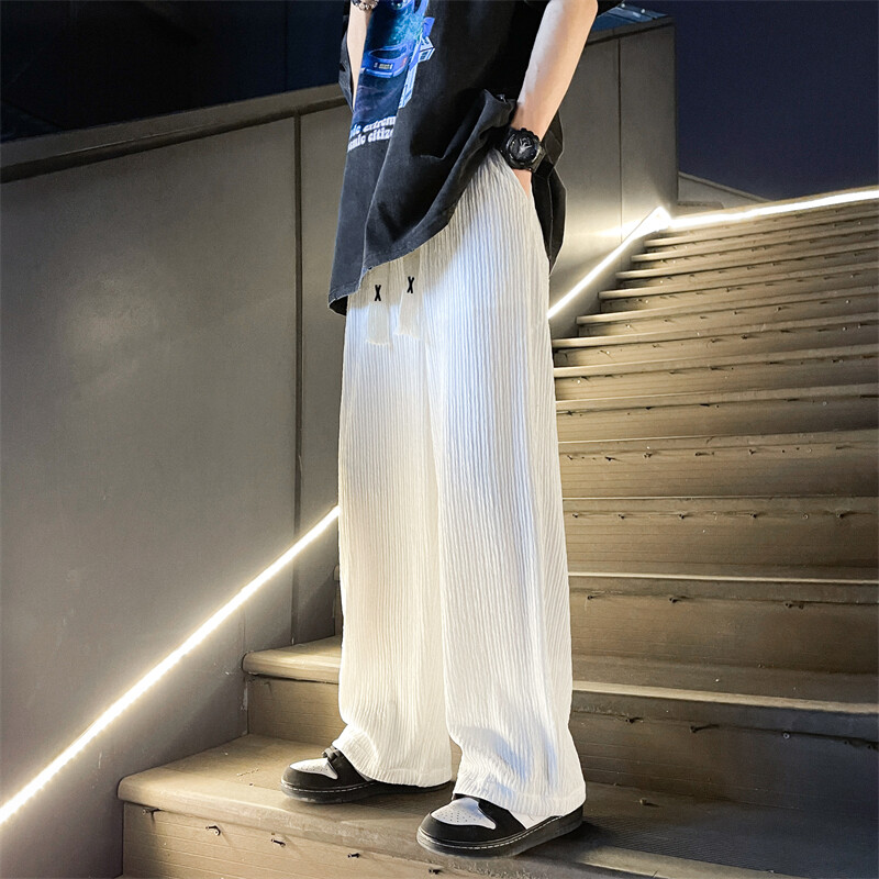 冰丝痞帅阔腿裤男夏季薄款潮牌ins直筒宽松休闲长裤垂感皱皱裤子