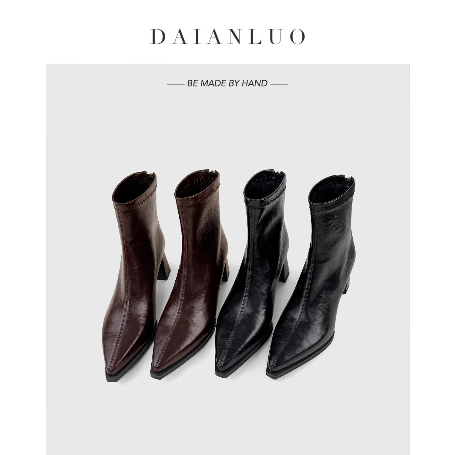 【跟高6cm】新款高跟短靴女瘦瘦靴弹力靴女粗跟尖头裸靴百搭显瘦靴