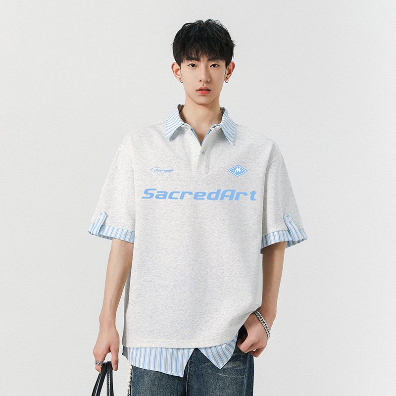 美式假两件衬衫领短袖男夏季潮牌宽松拼接重磅T恤休闲Polo衫上衣