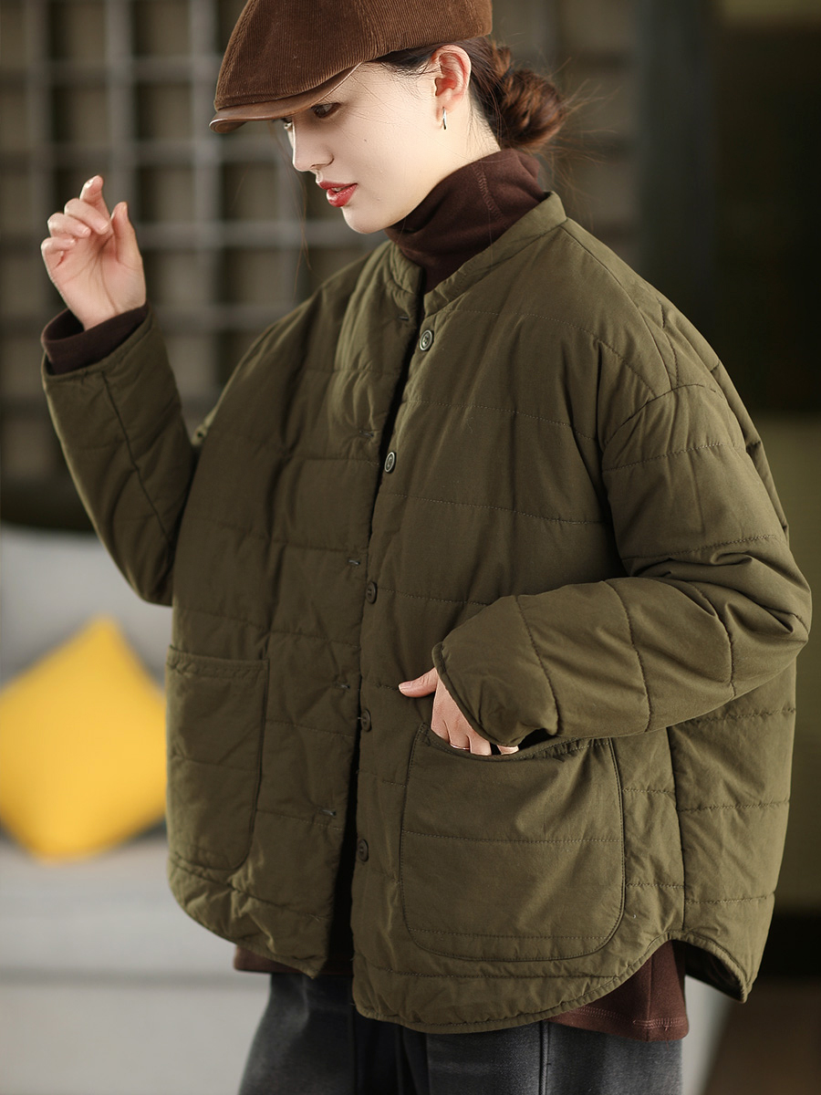 新款冬季复古衍线100%棉夹棉外套棉袄单排扣立领加厚棉袄无帽棉服