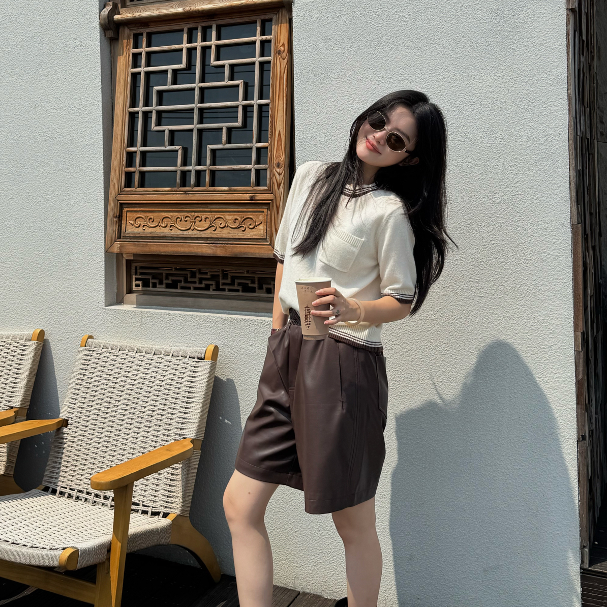 【郝洁】“摩登刀锋”高级气质百搭时髦松紧腰皮短裤7326