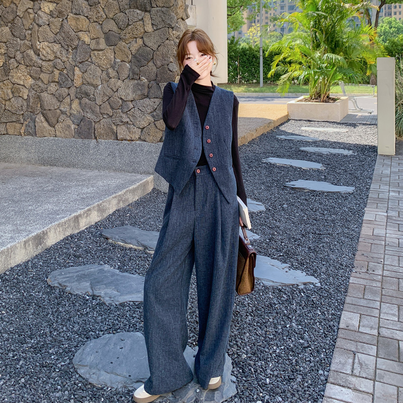 轻熟风氛围感套装裤女2025春秋新款气质复古港风马甲阔腿裤两件套