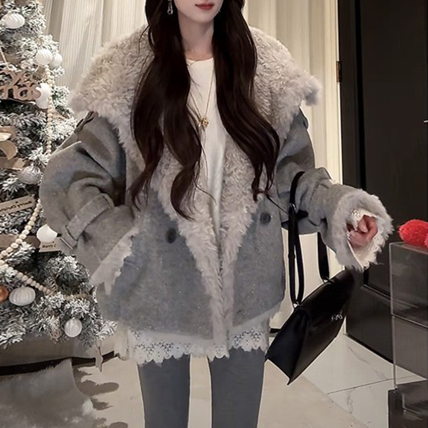 韩系氛围感毛毛短外套女2025冬季新款拼接超好看减龄保暖外套上衣