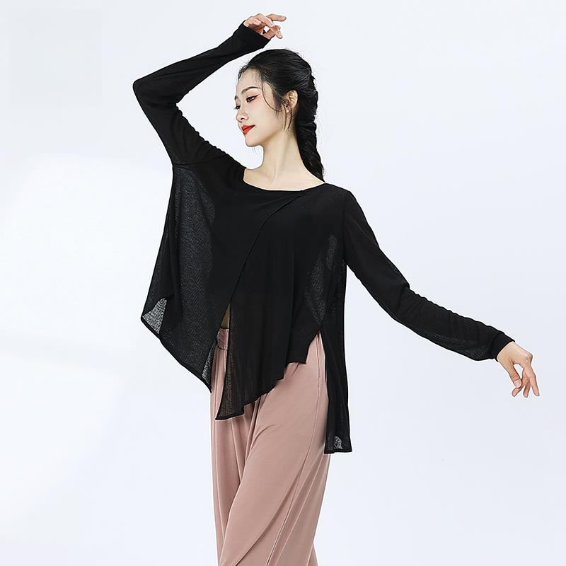 2025新款古典舞蹈练功服黑色纱衣女飘逸演出服现代舞宽松上衣