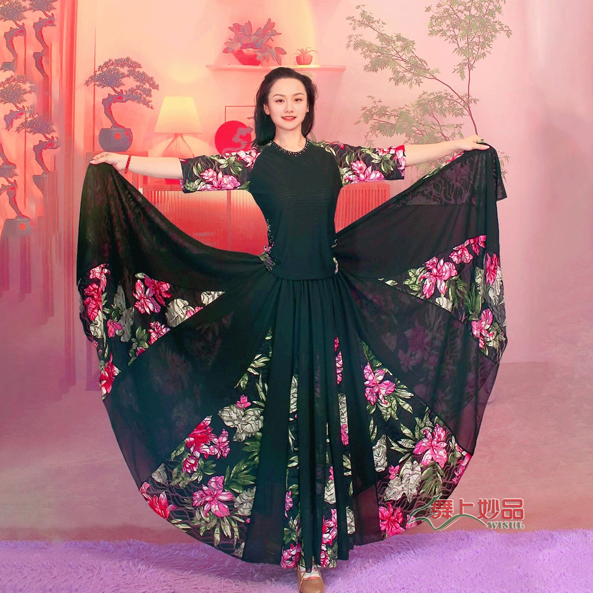 舞上妙品A32新疆舞民族服插花芙蓉纱裙