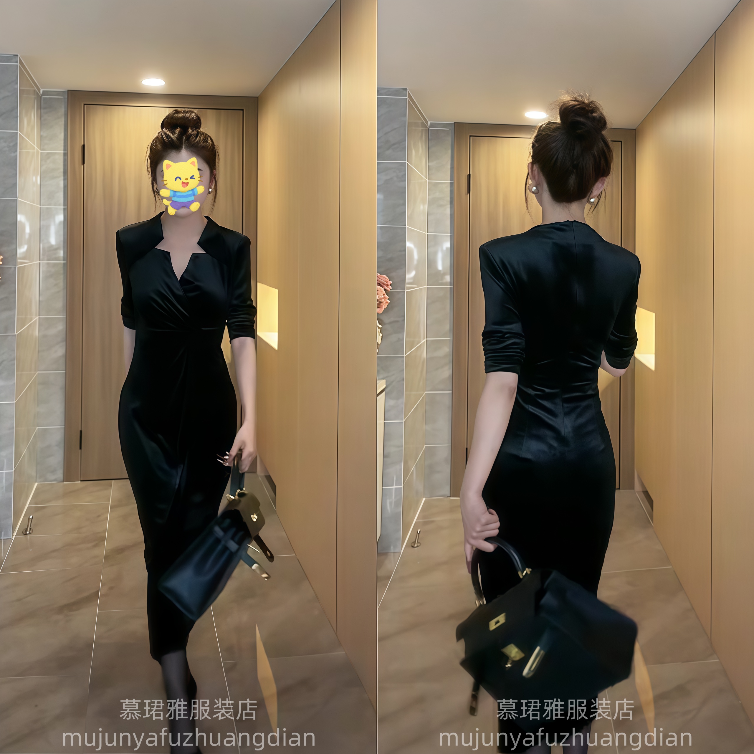 欧货时尚气质名媛连衣裙2025秋季新款纯色V领修身显瘦包臀裙