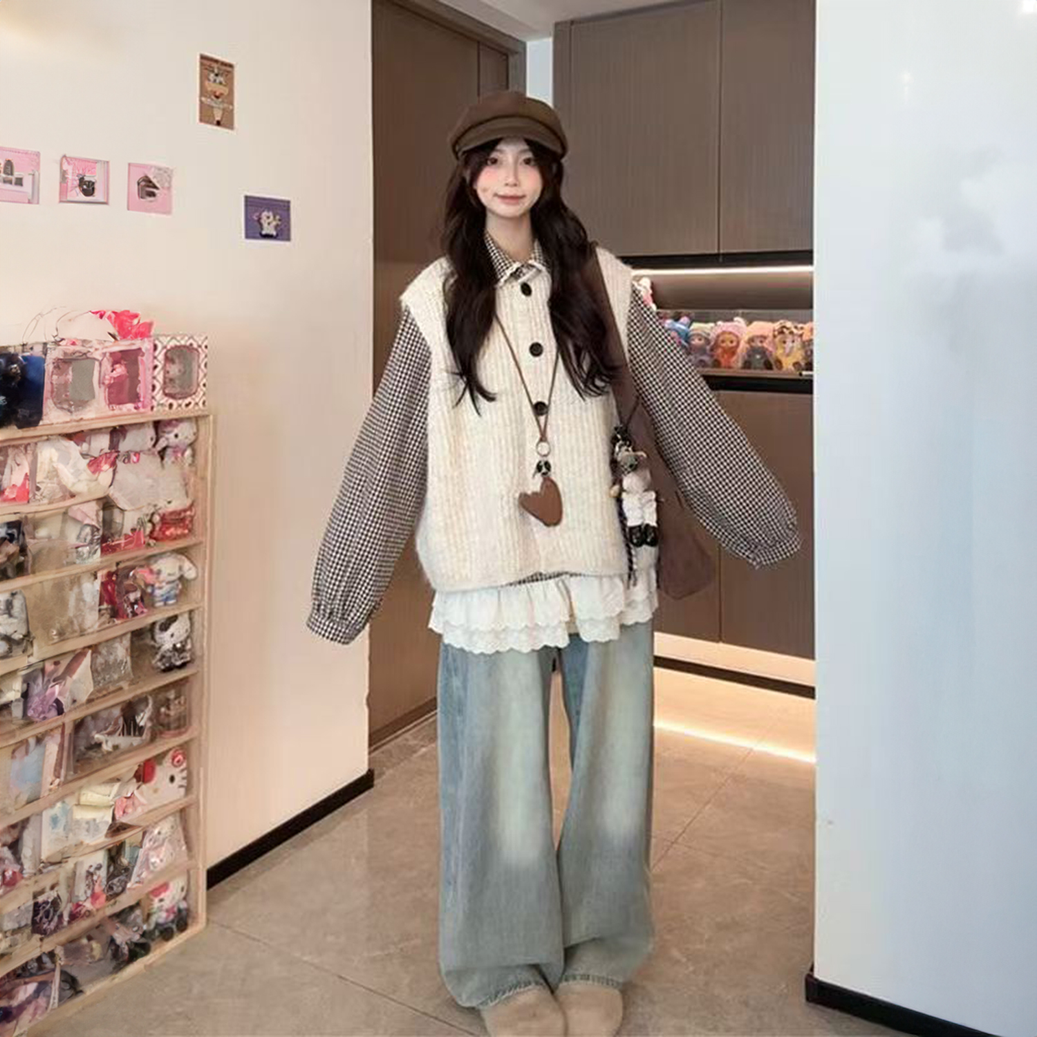 【画廊女孩】秋季百搭南瓜型米白色针织开始马甲女格纹花边衬衫套装