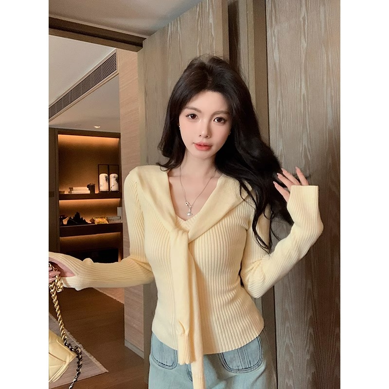 辣妹小众女上衣毛针织衫气质扭结一字领针织衫针织衫欧若新中式