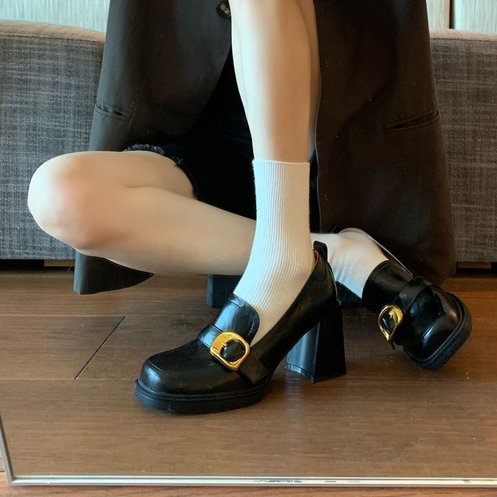 新百伦秋秋英伦风一脚蹬乐福鞋方头高跟小皮鞋女鞋子粗跟单鞋玛丽