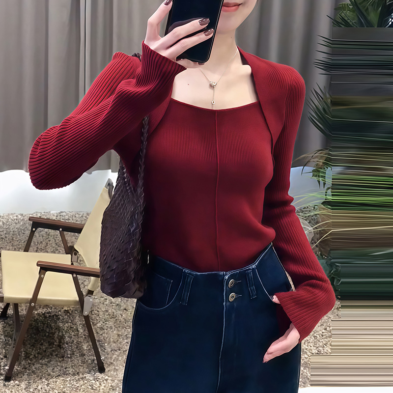 法式纯欲温柔方领修身显瘦针织衫女冬春新款宽松百搭内搭软糯毛衣