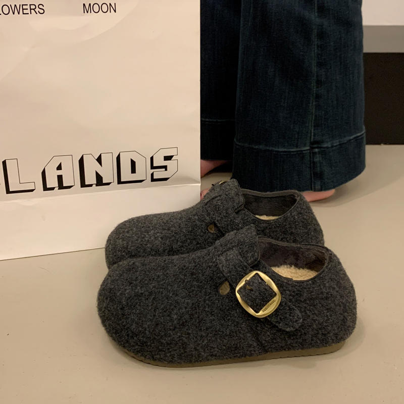 毛呢勃肯鞋女款全包灰色厚底内增高2025新款秋冬一脚蹬加绒棉鞋子