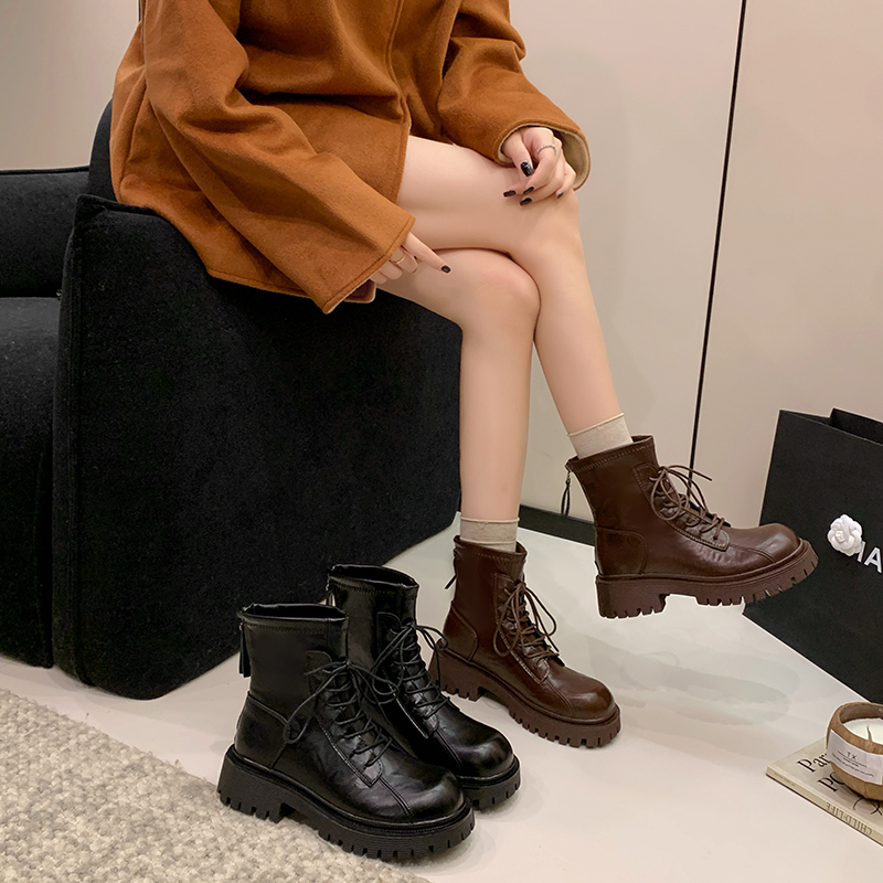 新款时尚百搭马丁靴厚底靴子英伦风秋冬系带冬季圆头秋季休闲短靴
