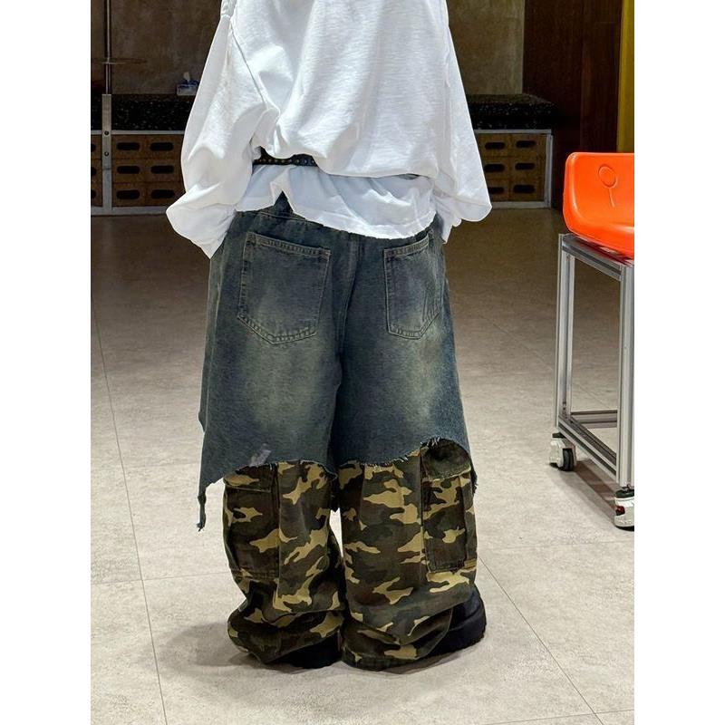 男童洋气假两件拼接牛仔裤秋季新款儿童宽松迷彩工装裤时髦长裤潮