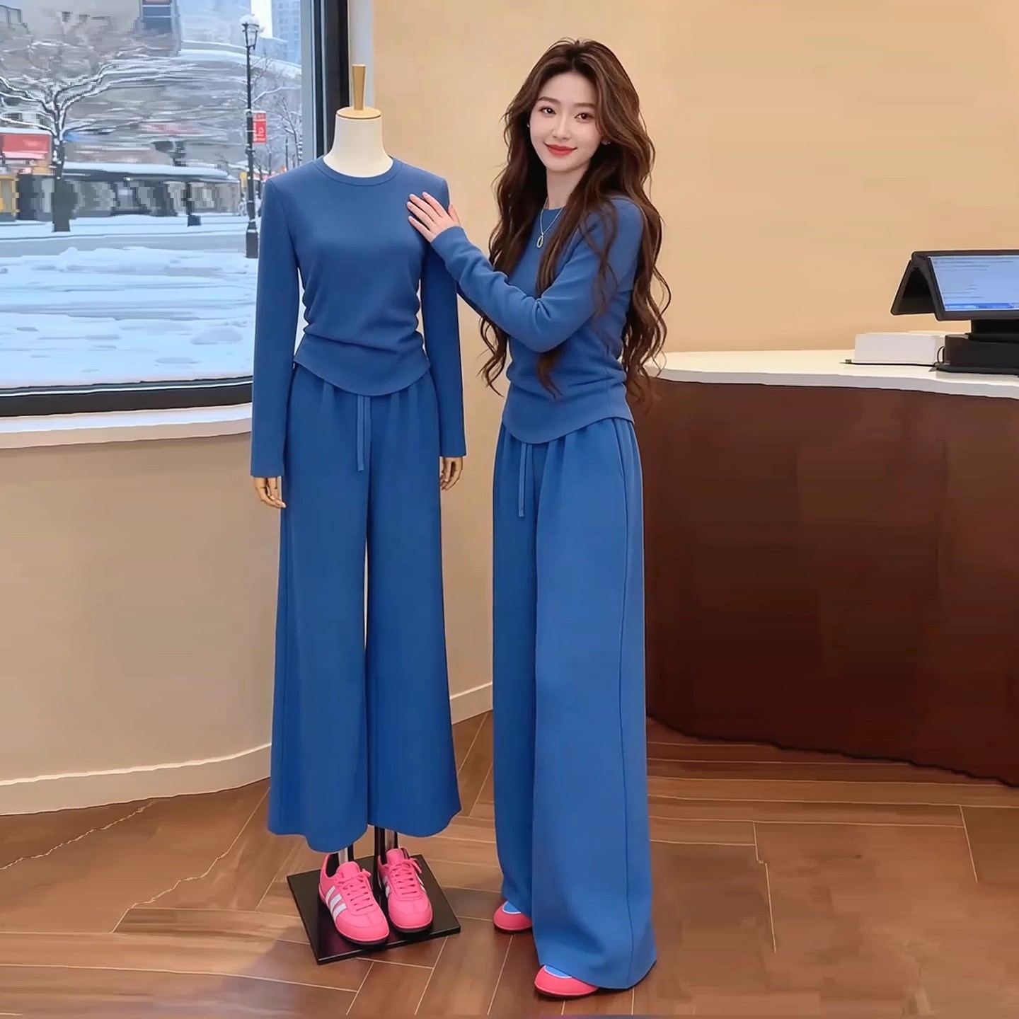 拉夏贝尔巨好看冬装一整套女装减龄运动圆领卫衣阔腿裤加绒两件套