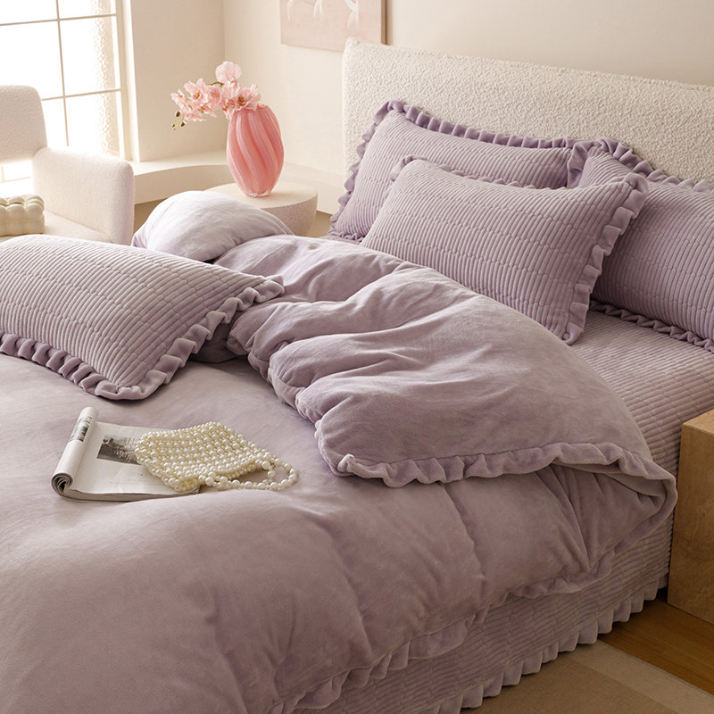 法式高端家纺加厚牛奶绒床盖四件套法式公主风冬季珊瑚绒被套罩加
